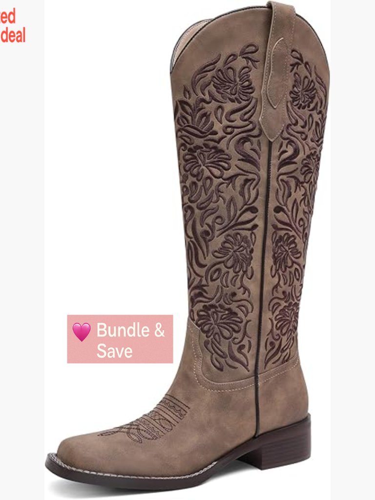 Embroidered Cowgirl Riding Boots Knee High Low Block Heel Pull On